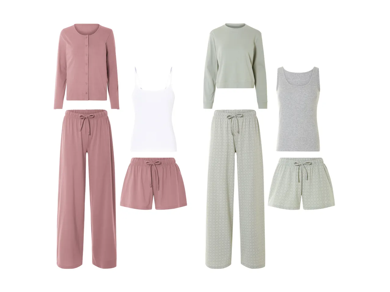 Kaksi pyjamasarjaa, joissa on pitkät housut, shortsit, pitkähihainen paita ja toppi.