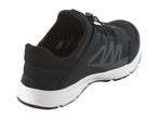Black athletic shoe with white sole and bungee laces, angled view.