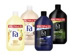 Štiri Fa XXL 750 ml steklenice za tuširanje in kopanje, vključno z Vanilla Yoghurt, Cream & Oil Cacao, Fa Men Sport in Fa Men Energy Boost.