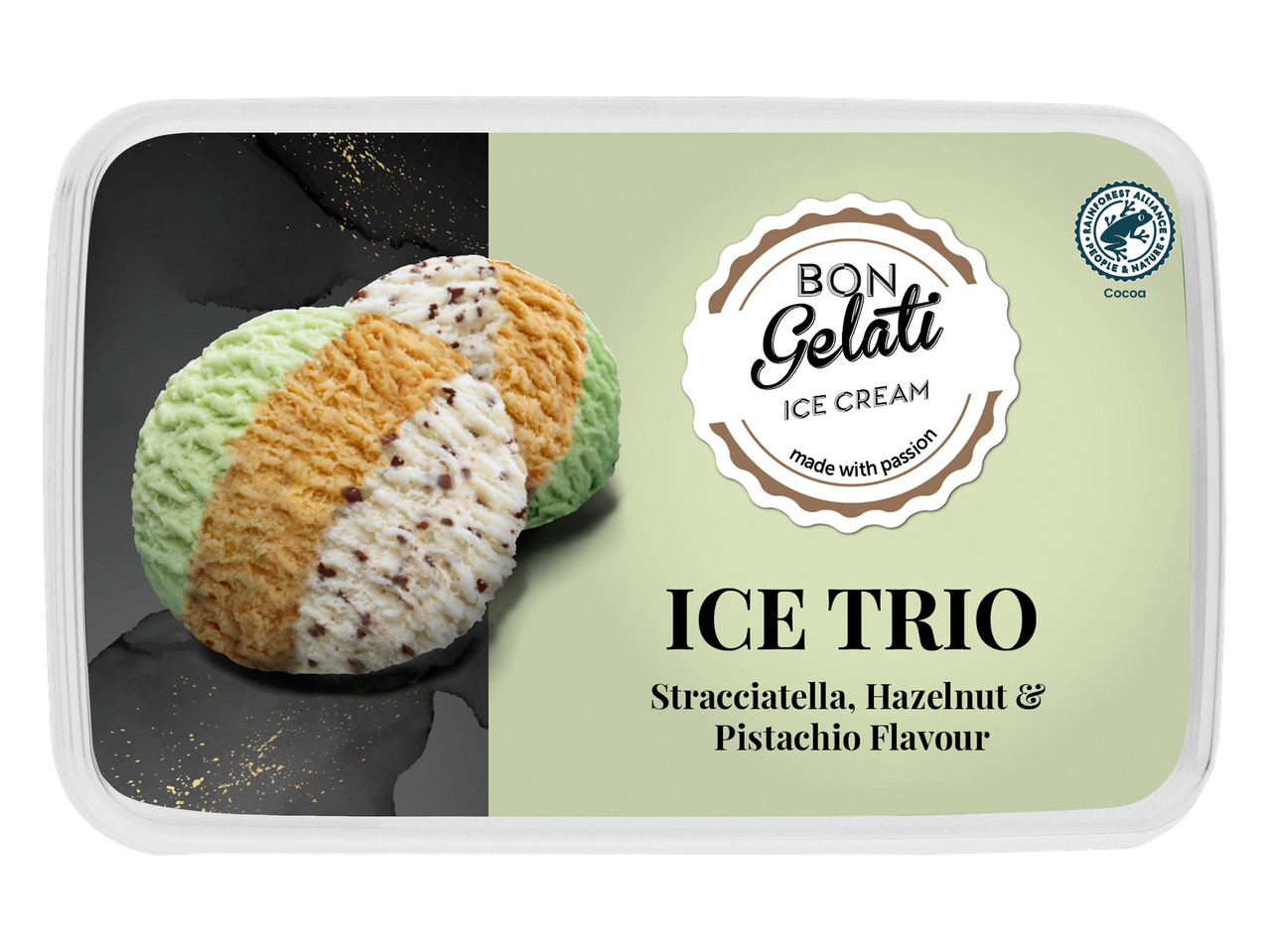 Mom Gelato Ice Trio: Pistacchio, Nocciola e Fiordilatte.