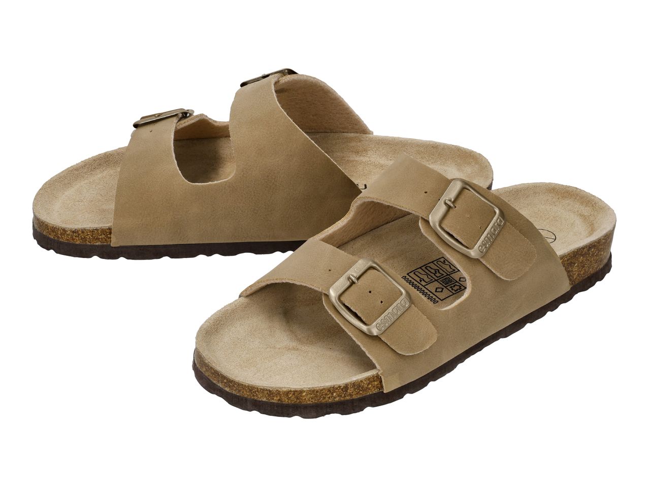Pair of light brown suede sandals with two adjustable straps and buckles