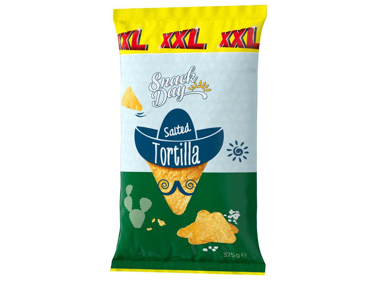 Пакет солени тортила чипсове с мексиканска тематика и надпис 'Snack Day Salted Tortilla'