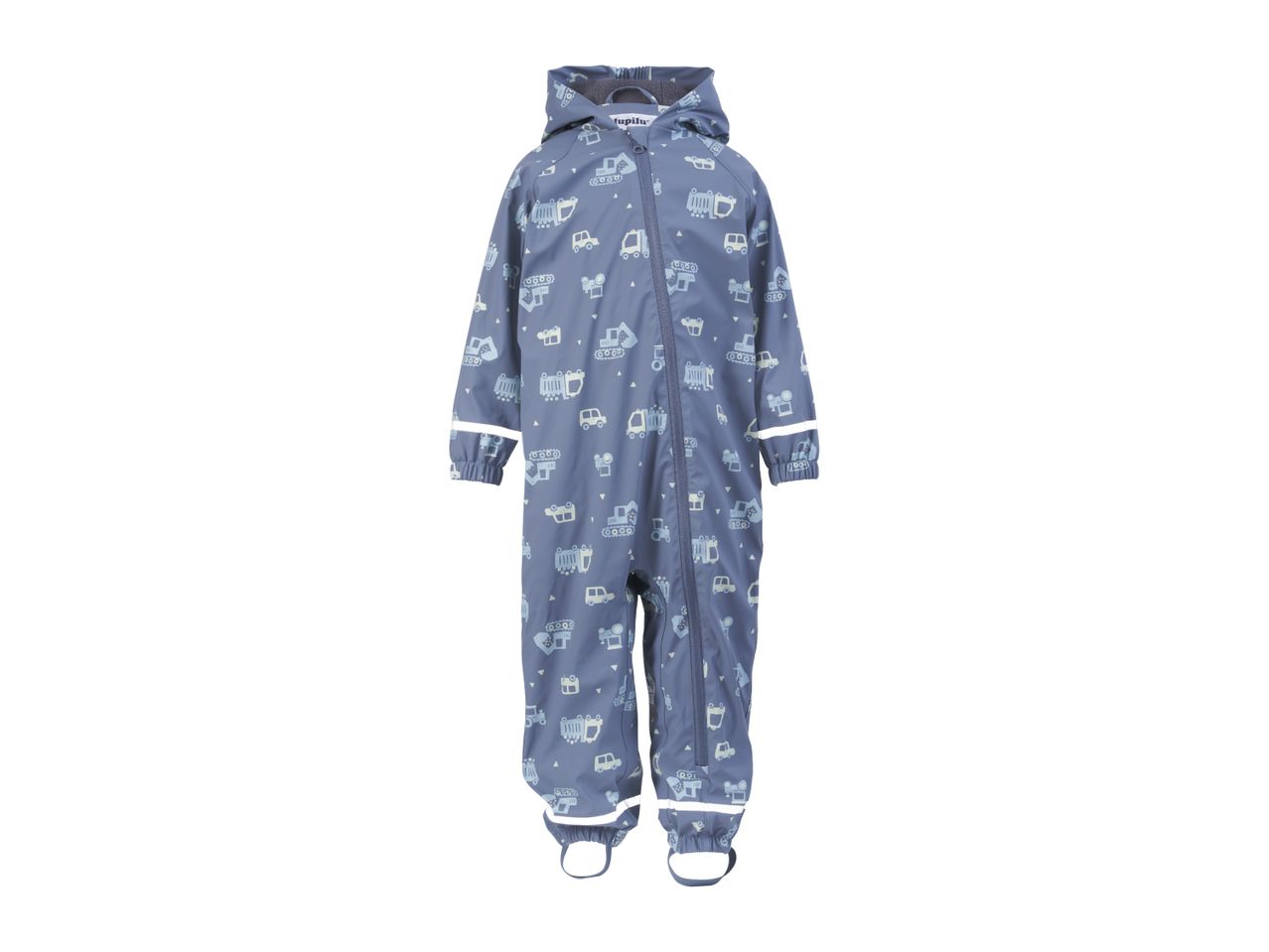 Children's blue waterproof overall with a construction vehicle pattern.