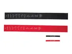 Two resistance bands, one black and one red, with exercise illustrations and product information.