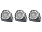 Three gray rock-shaped solar pathway lights with four LED bulbs each.