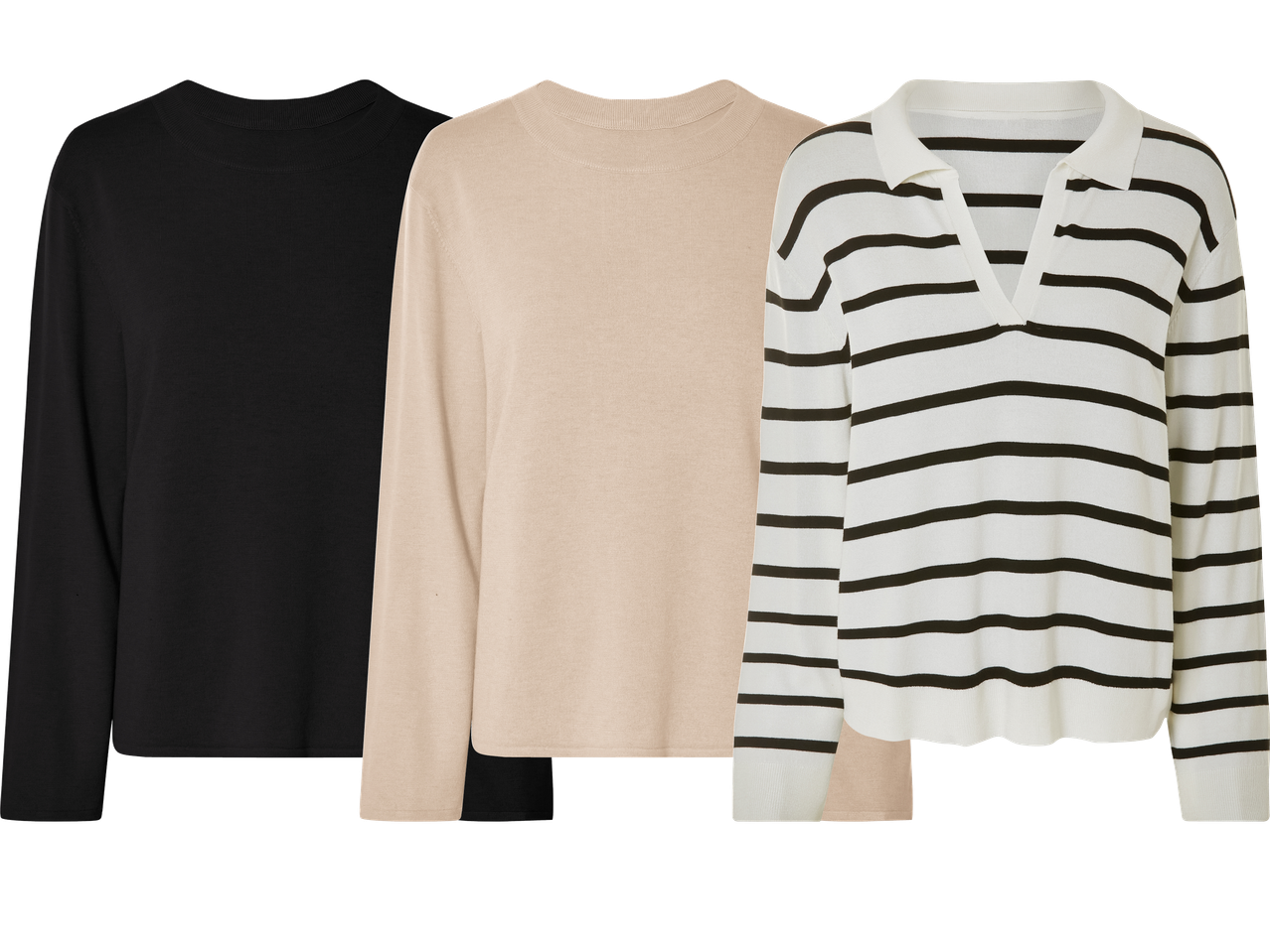 Tre långärmade tröjor: svart rundhalsad, beige rundhalsad och randig polotröja.