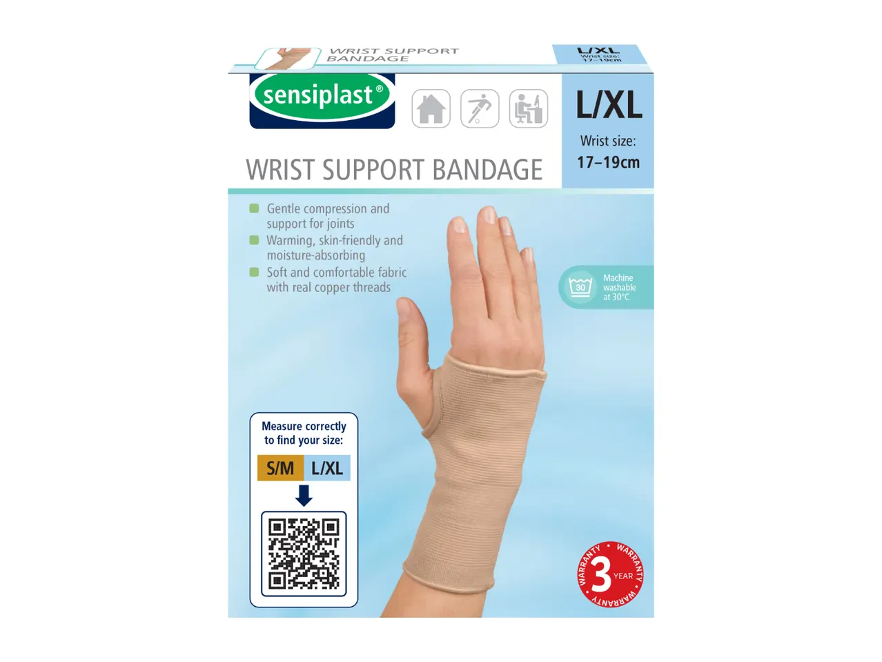 Sensoplast wrist support bandage packaging with product features and sizing information.