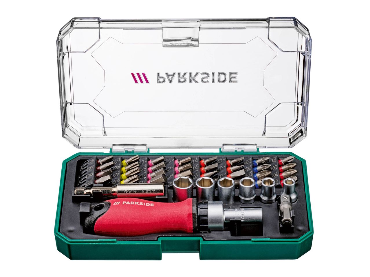 A Parkside screwdriver bit set with a red handle, various bits, and sockets in a green case.