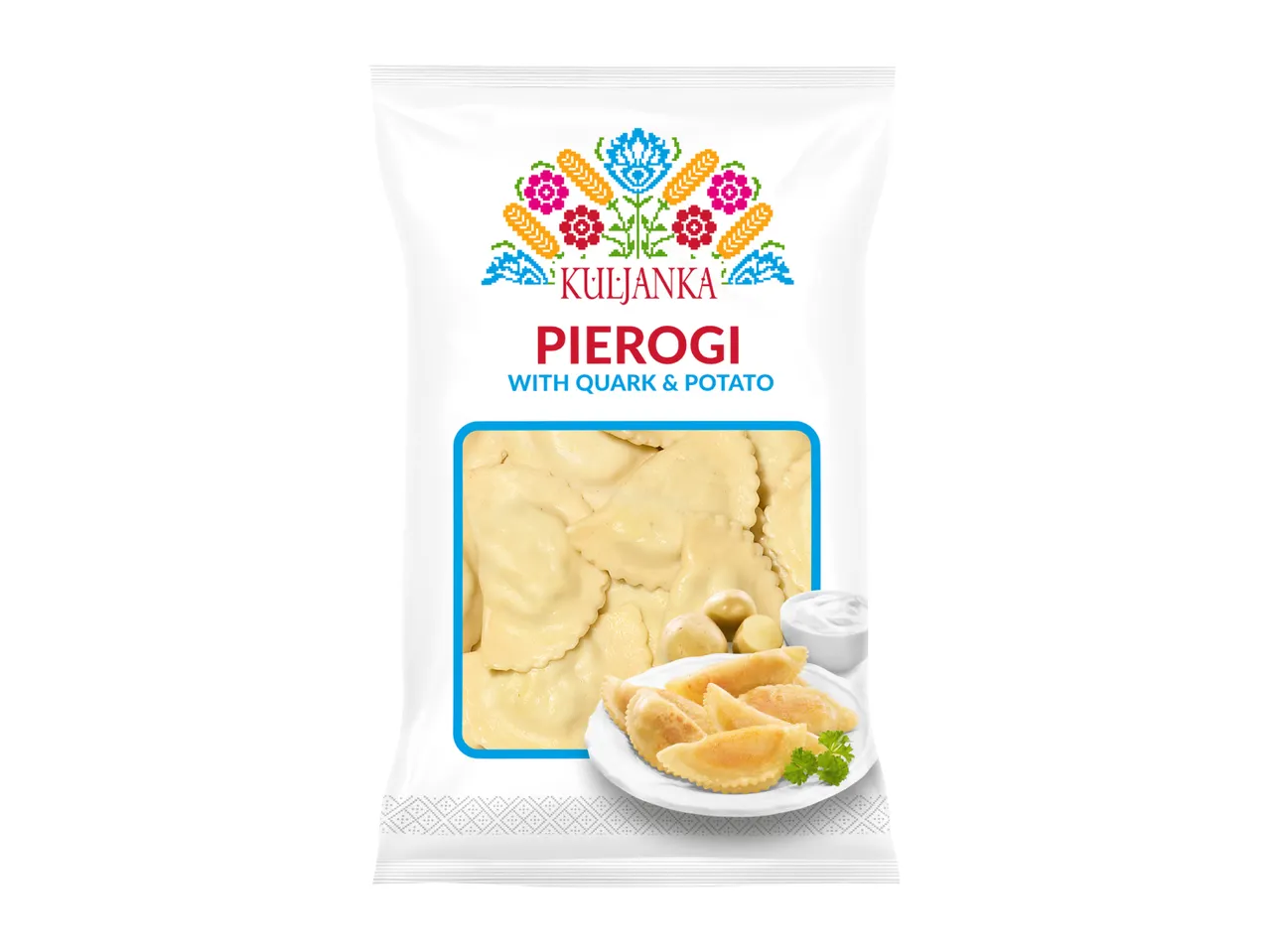 Packaging for pierogi with quark and potato, featuring a folk-art design and product images.
