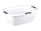 White laundry basket with grey handles and a perforated design.