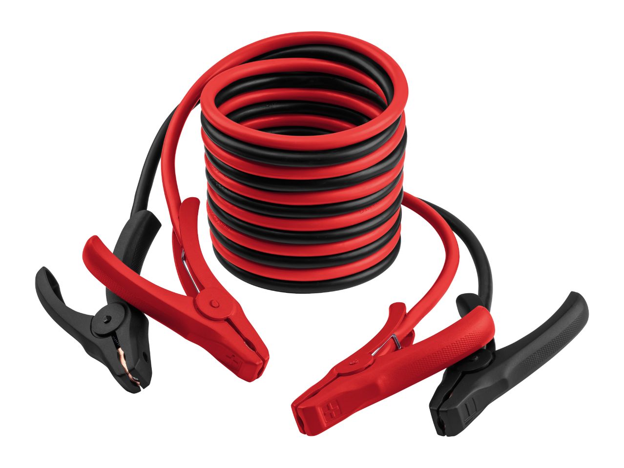 Coiled red and black car jumper cables with heavy-duty clamps on a white background.