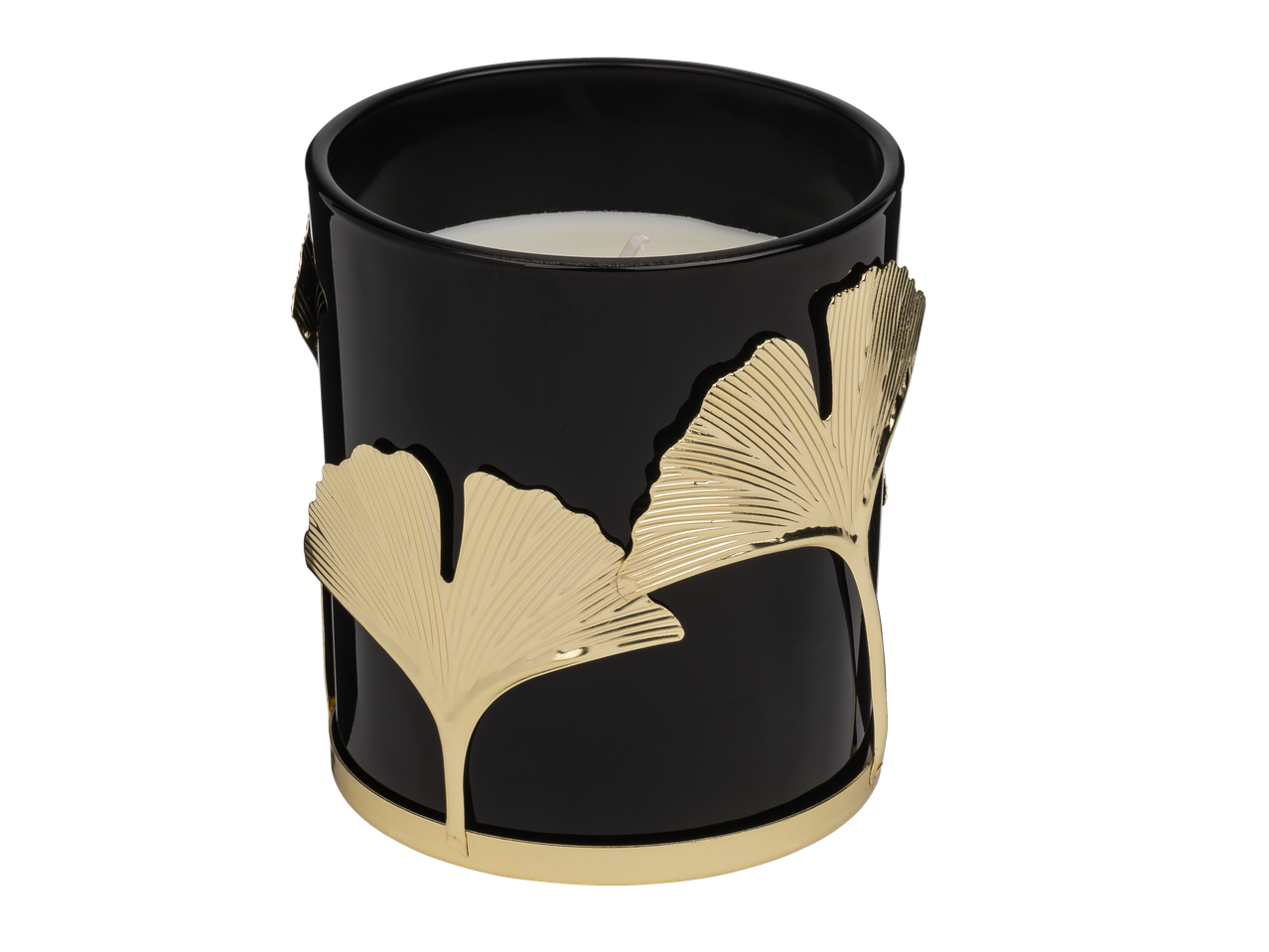 Juoda Livarno Home žvakė su auksiniais dekoratyviniais ginkmedžio lapais.