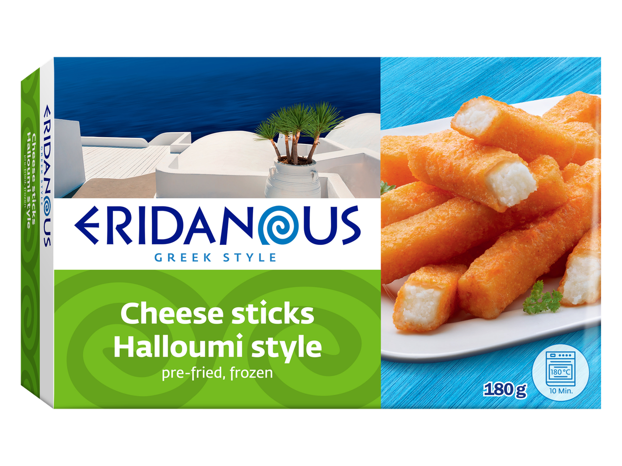 Eridanous Griekse halloumi kaassticks, 180g, voorgebakken en bevroren.