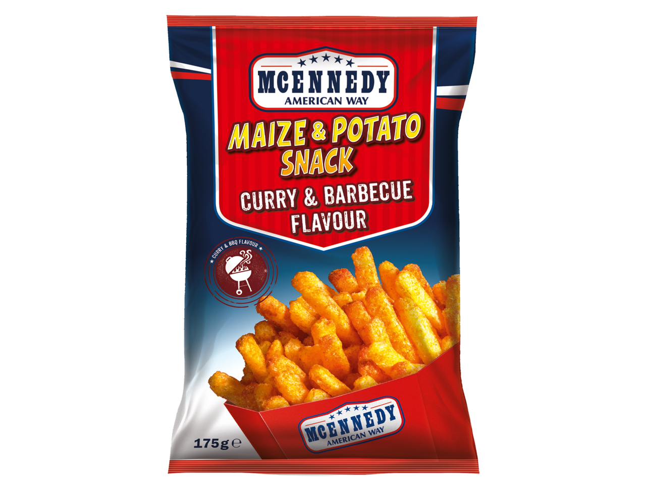 Snacks McKennedy: milho & batata, sabor caril & churrasco.