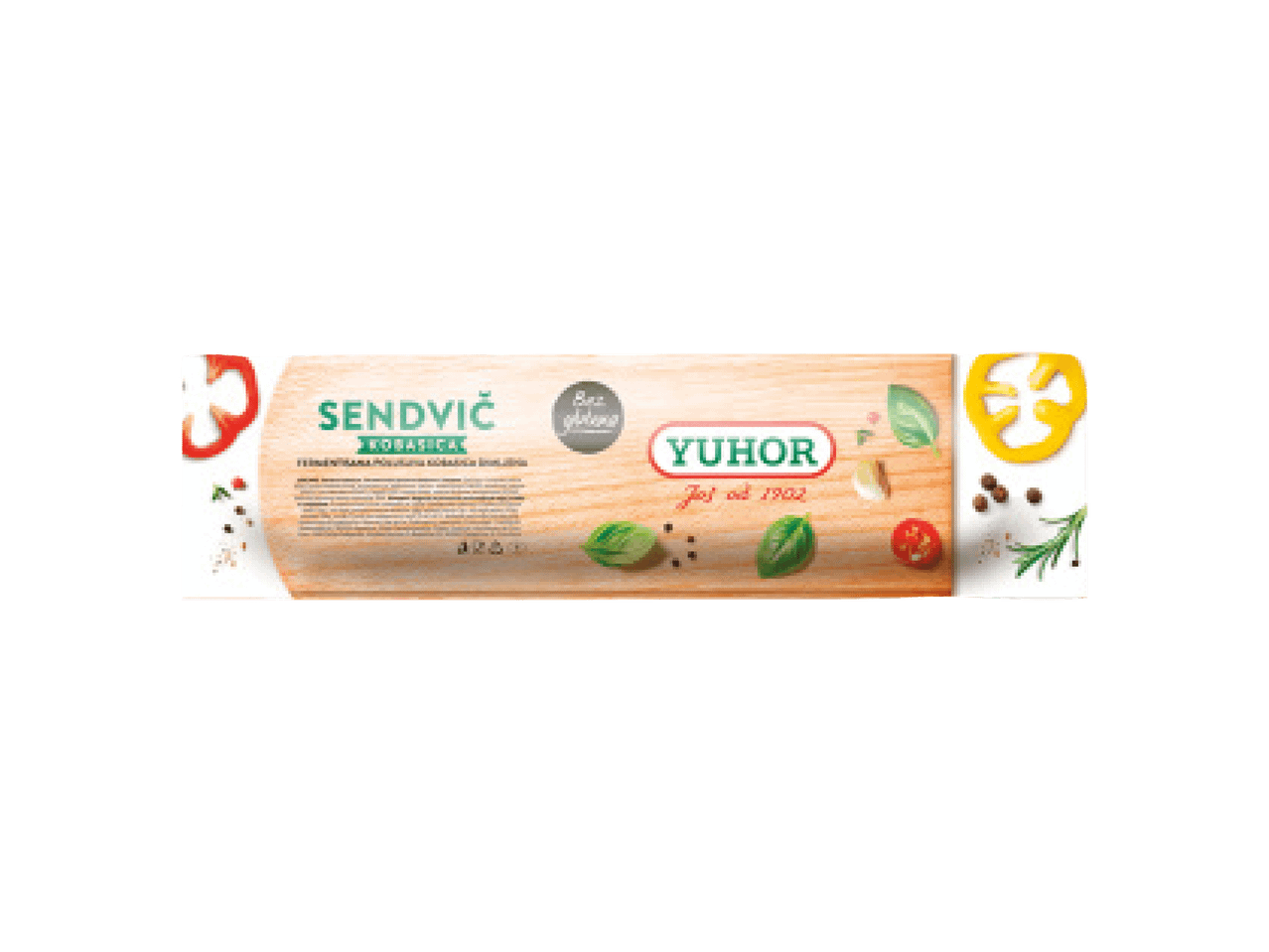 Pakovanje sendvič kobasice sa drvenom pozadinom i začinima, sa natpisom 'Bez glutena'.