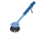 Escova de limpeza azul com cabo de plástico.