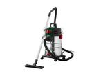 Wet and dry vacuum cleaner with a stainless steel tank and various attachments.