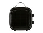 Black portable electric fan heater with a handle and control knobs on the side.