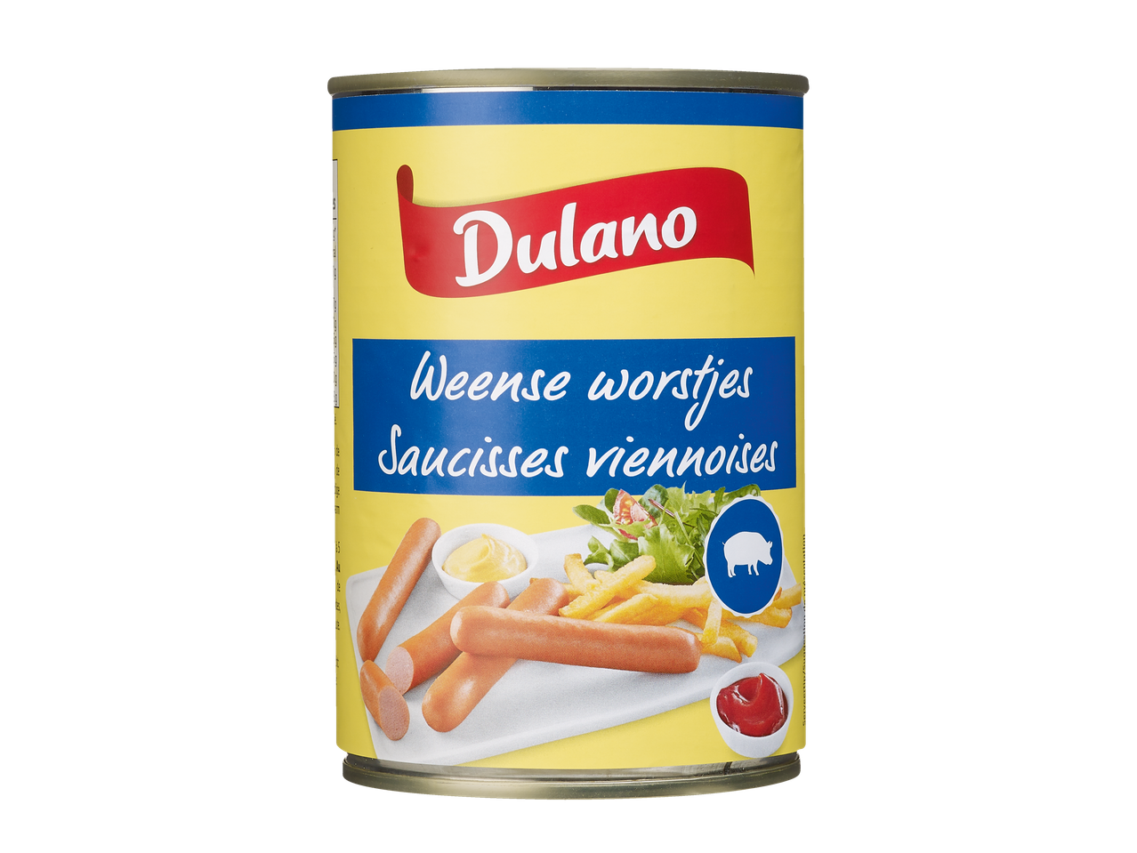 Conserve Dulano de saucisses viennoises avec frites, moutarde et ketchup.