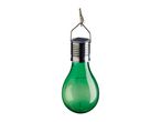 Green solar-powered light bulb with a clip for hanging.