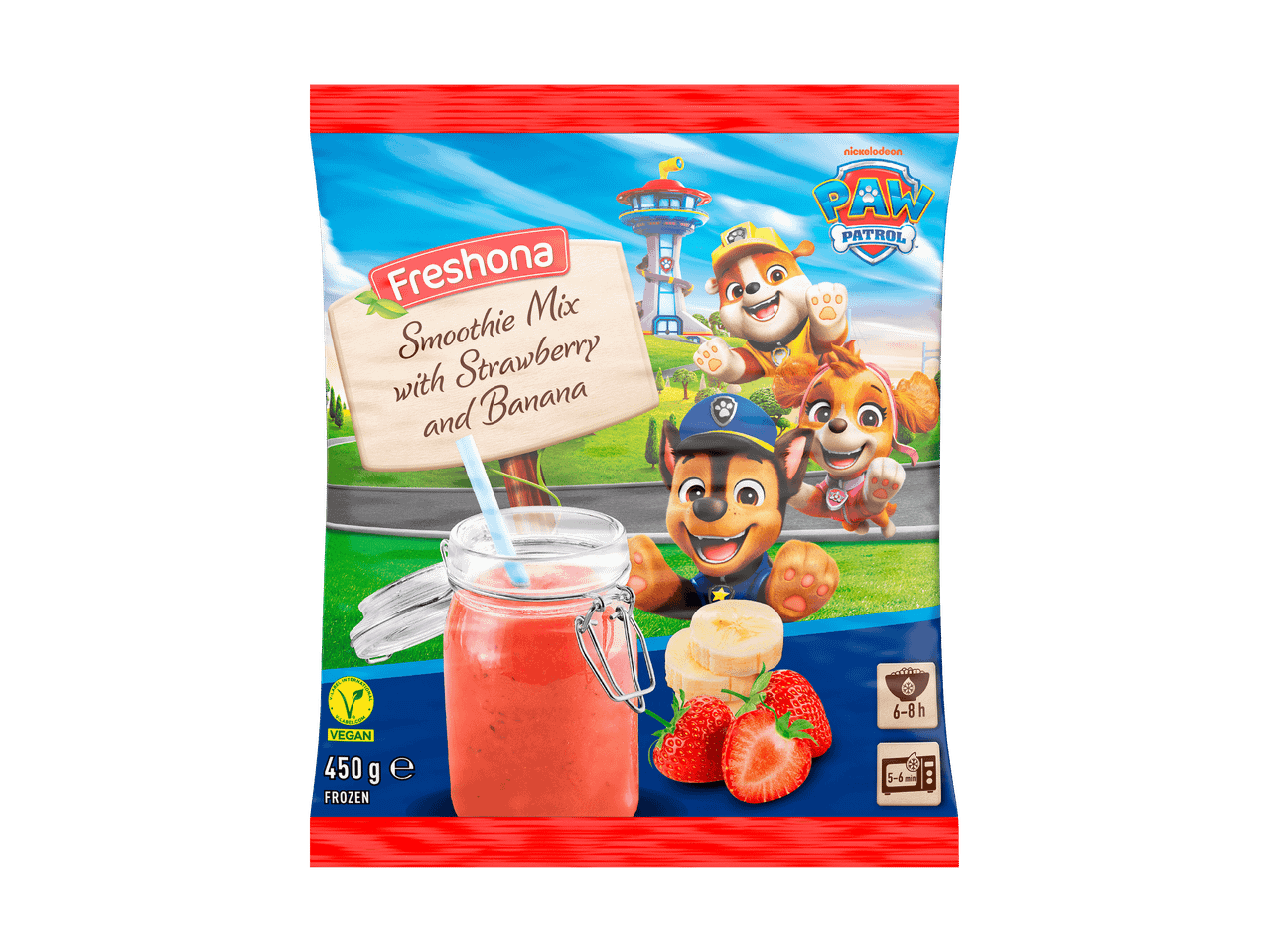 Sachet de mélange à smoothie fraise et banane, avec des personnages de dessins animés.