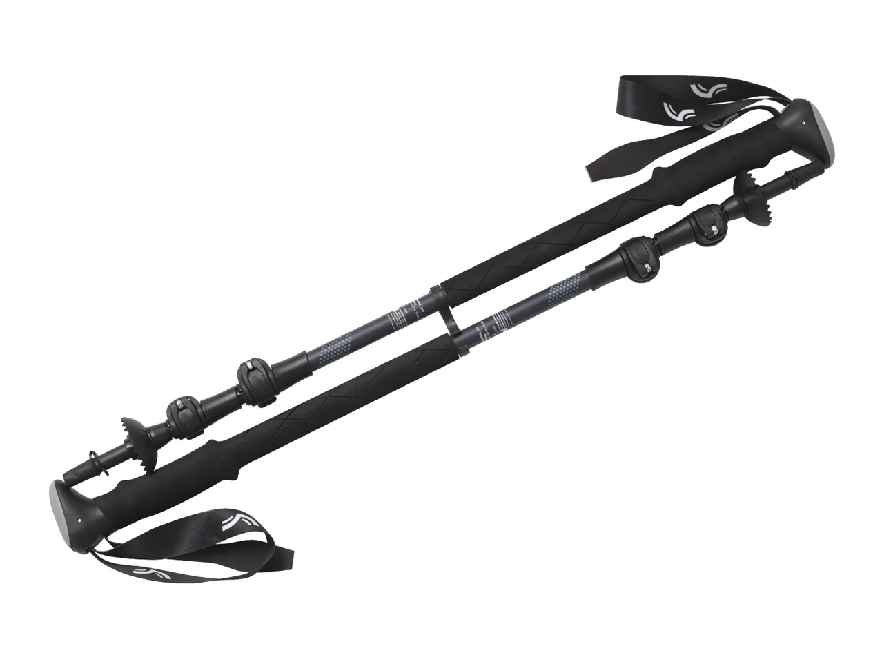 Pair of black trekking poles with adjustable sections and wrist straps.