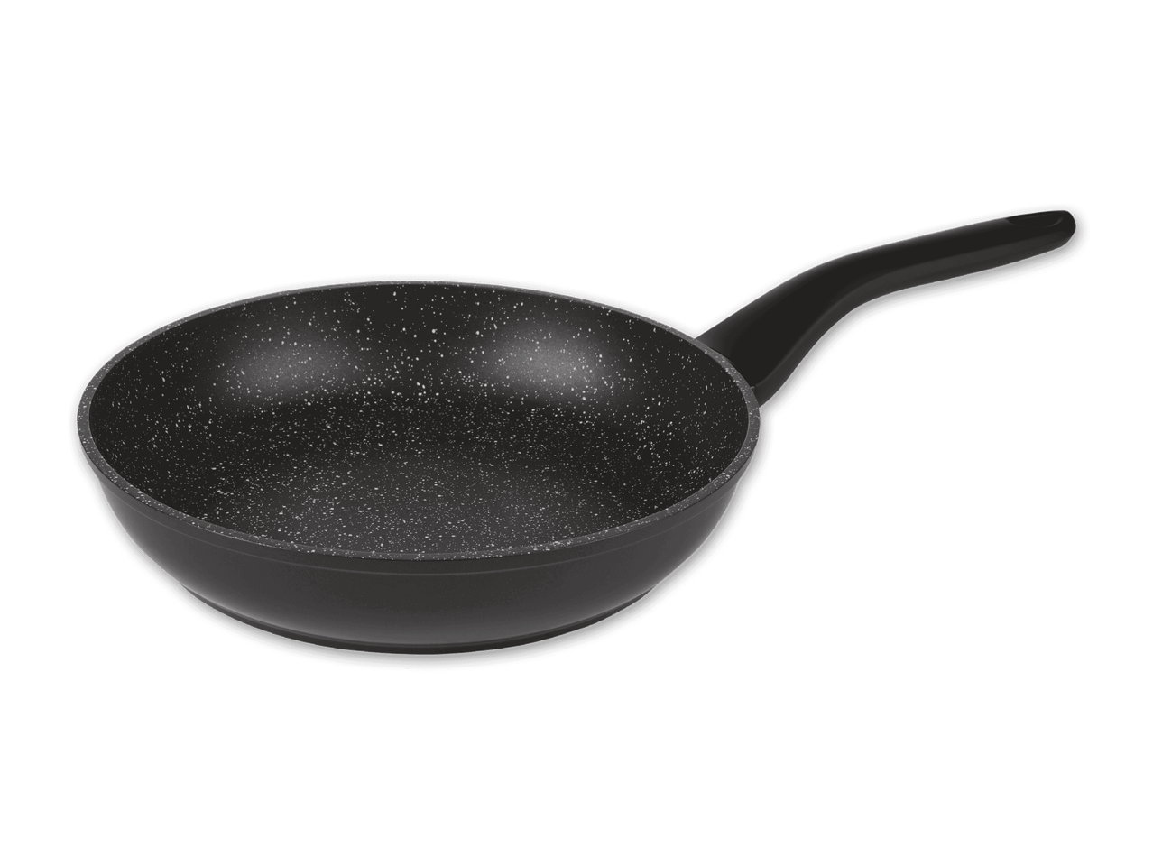 Eine schwarze Pfanne mit marmorierter Oberfläche und langem Griff.