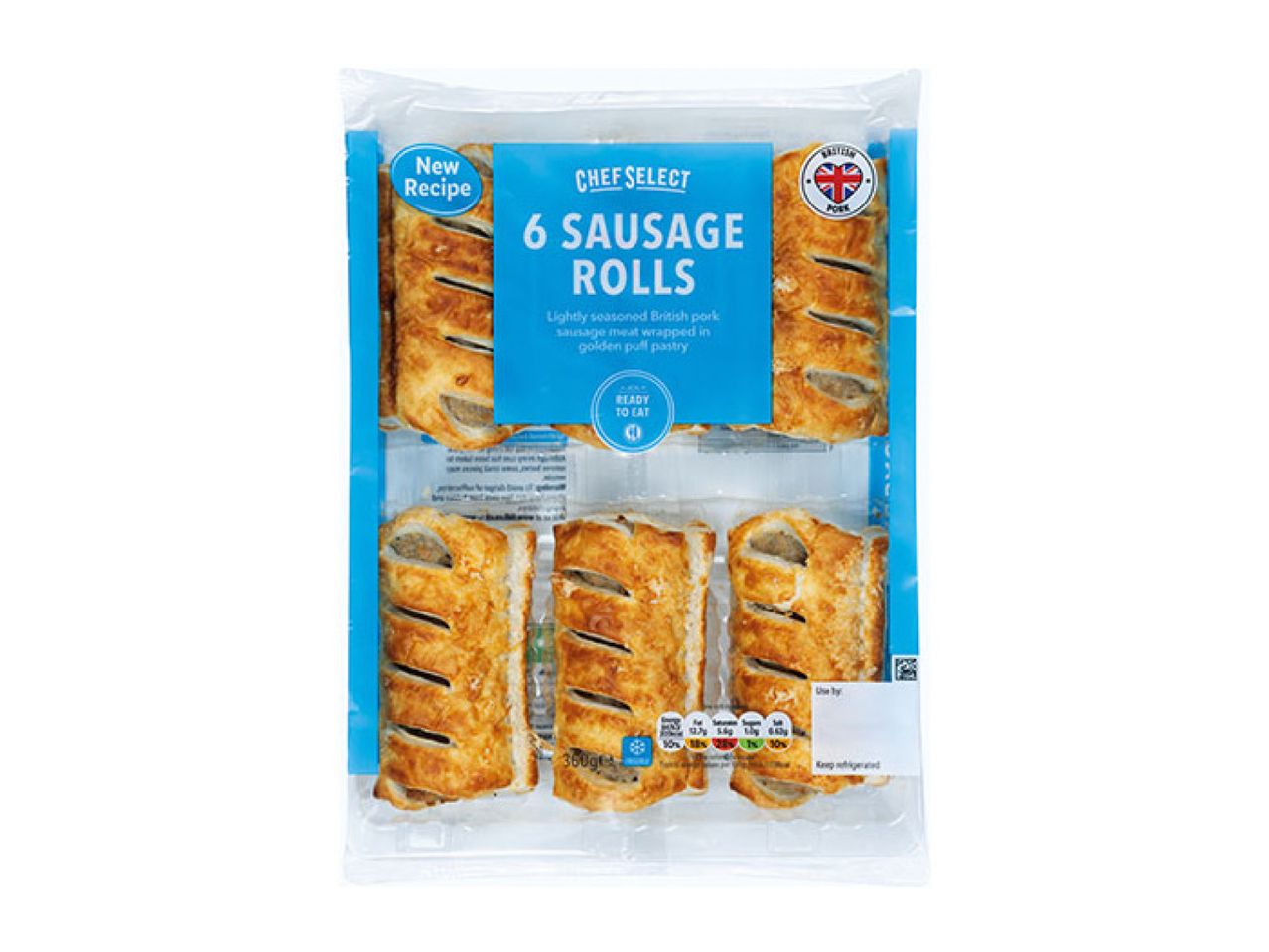 Six sausage rolls in clear packaging, featuring a blue label with product details and a 'New Recipe' badge.