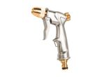 Silver and gold metal spray gun for gardening with adjustable nozzle and hose connector.