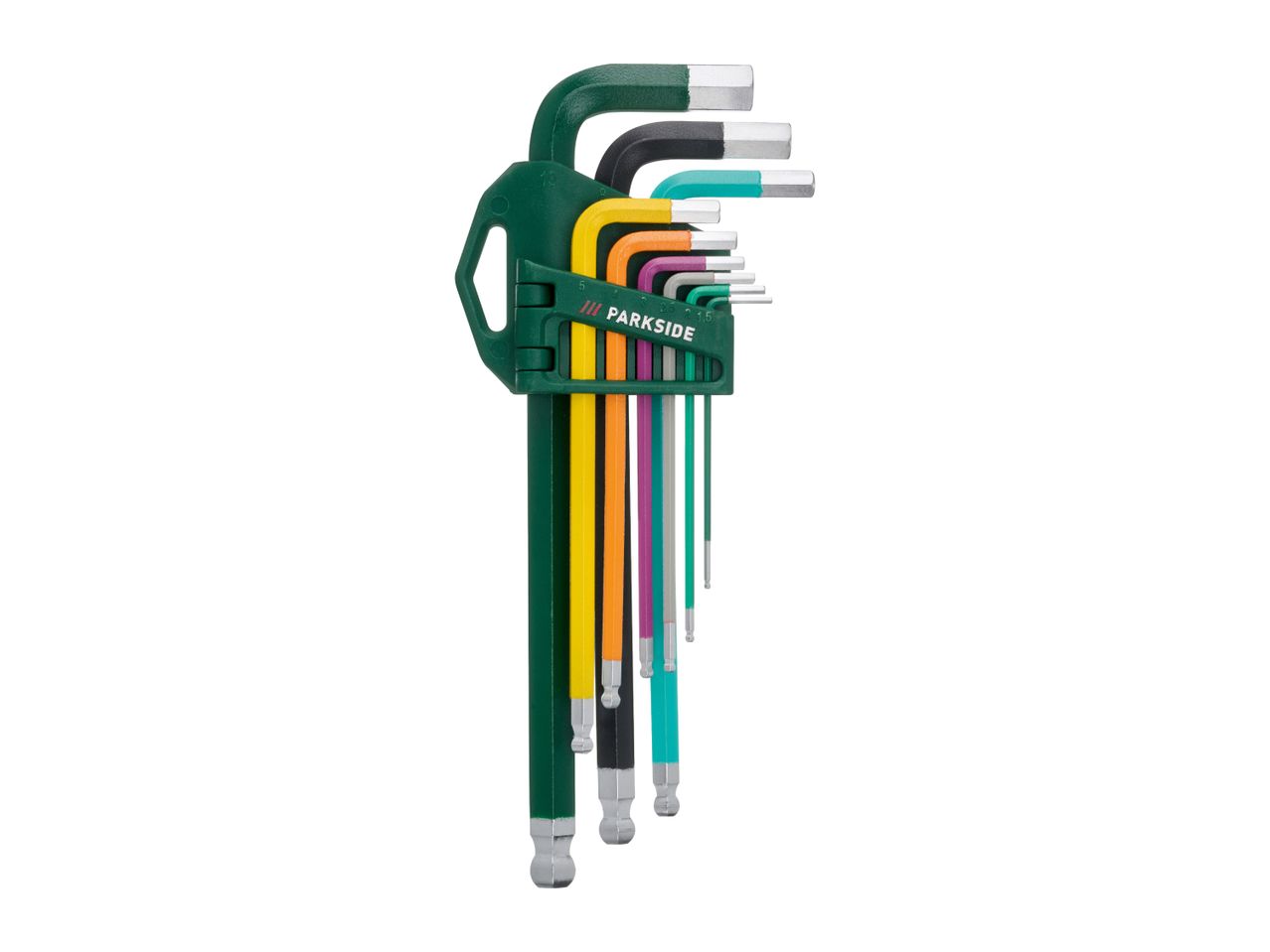 A set of colorful hex keys in a green holder, with sizes ranging from 1.5 to 10.