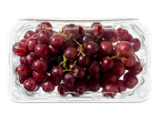 Een doorzichtig plastic bakje met rode druiven.