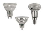 Drei verschiedene LED-Lampen, darunter zwei GU10-Spots und eine E14-Kerzenlampe.