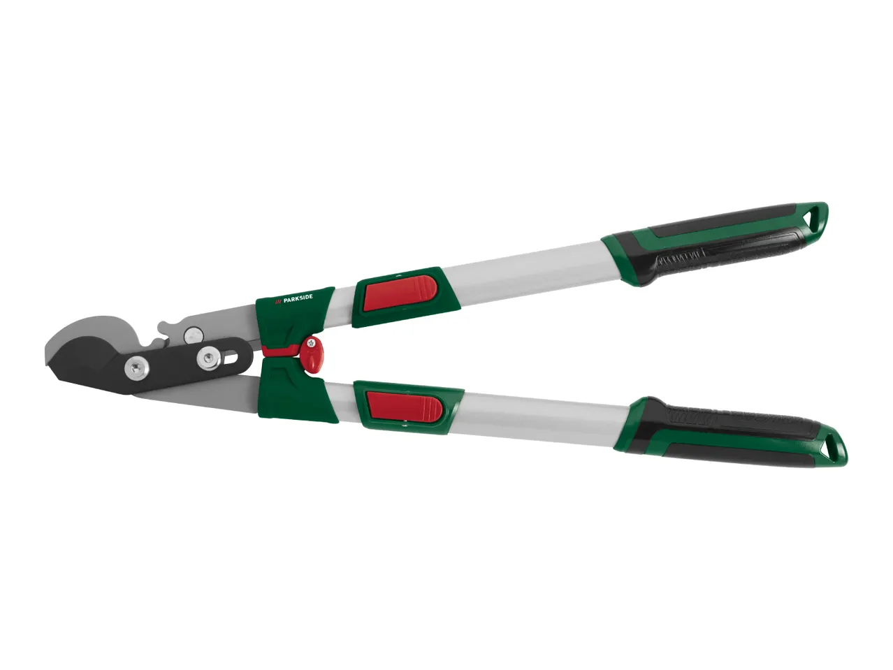 A pair of green and gray bypass loppers with red accents.