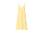 Yellow sleeveless midi dress with a V-neckline and thin straps.