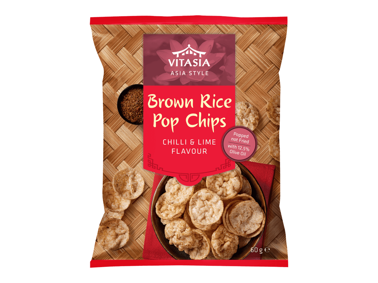 Vitasia-merkin chili-lime-makuisia ruskeariisipoppareita 60g pakkauksessa.