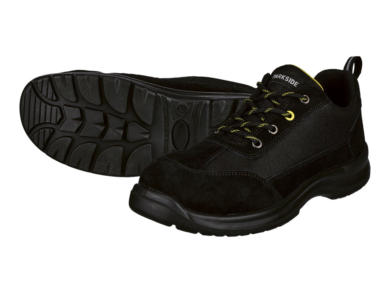 Black work shoes with yellow laces and a textured sole, one shoe on its side.