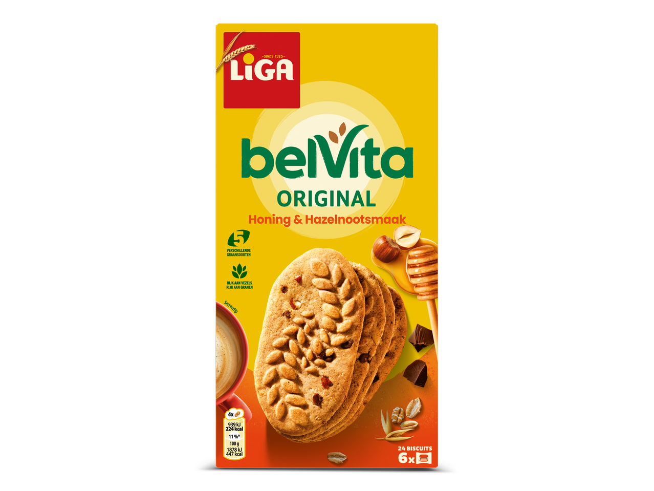 Een gele verpakking met koekjes met honing- en hazelnootsmaak, met een afbeelding van de koekjes, honing en hazelnoten.
