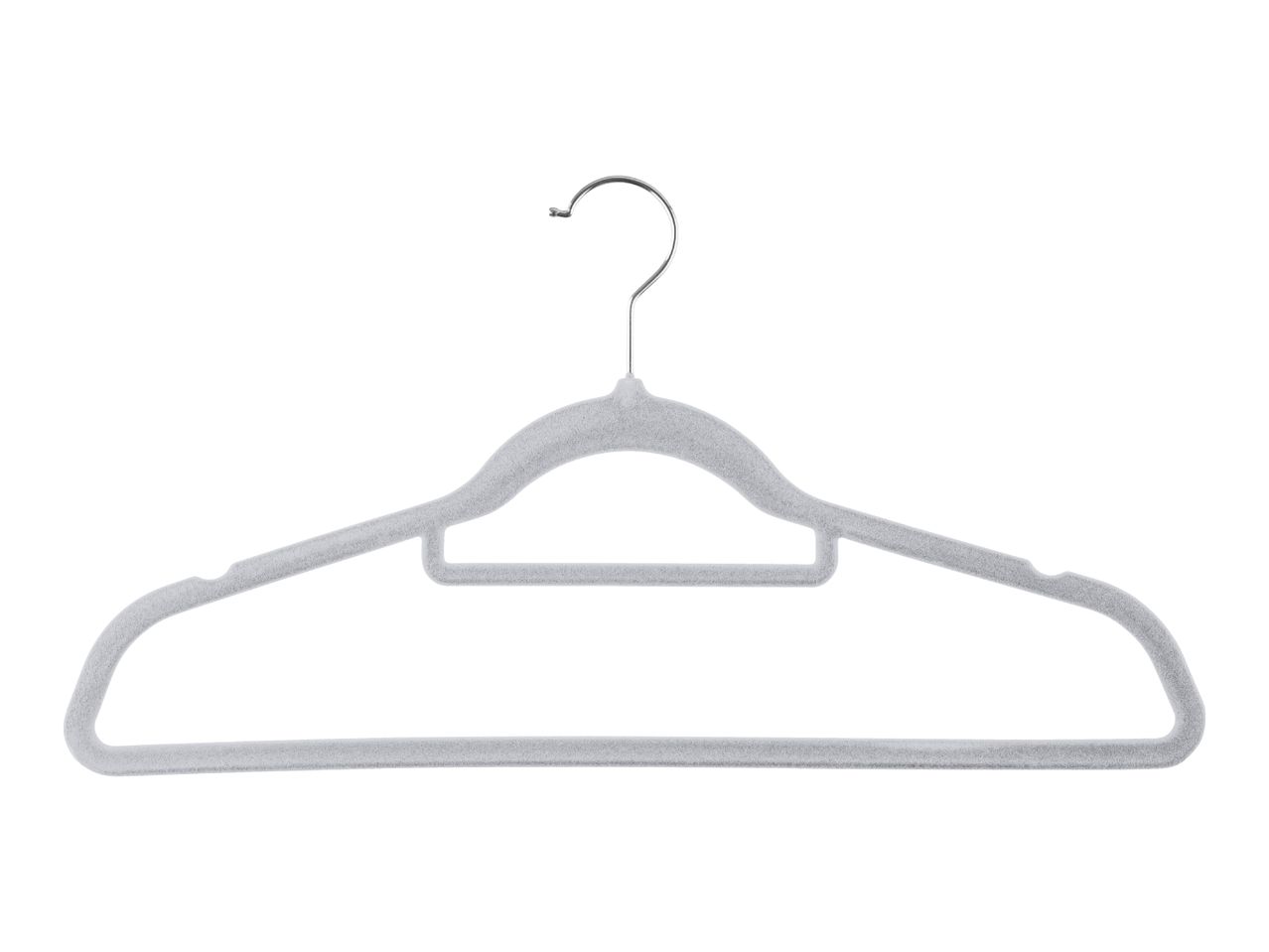 Light grey velvet clothes hanger with a metal hook