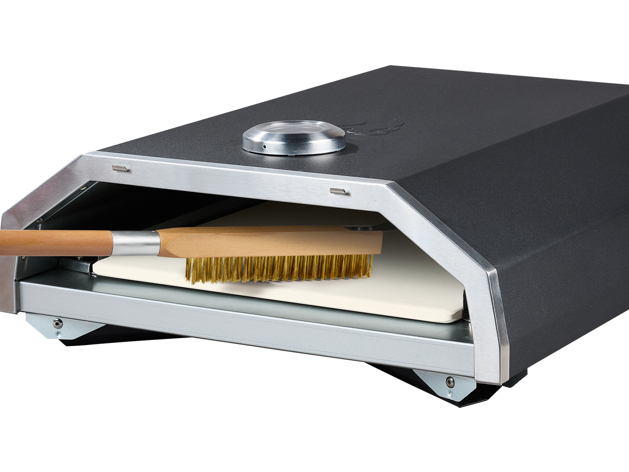 Grillmeister pizza oven with a cleaning brush and pizza stone inside