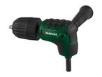 Right-angle drill attachment with keyless chuck and auxiliary handle