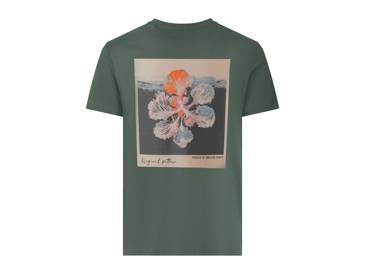 Dark green t-shirt with a graphic print of an abstract flower in orange and white, with text 'Original pattern' and 'PROSPER IN TIMELESS SPACE'.