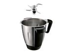 A stainless steel blender jug with a black handle and a detached blade assembly.