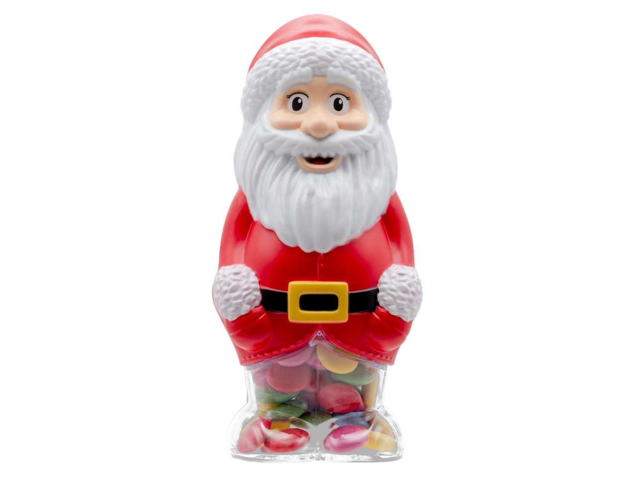 Ziemassvētku vecīša formas konfekšu trauks ar krāsainām konfektēm.