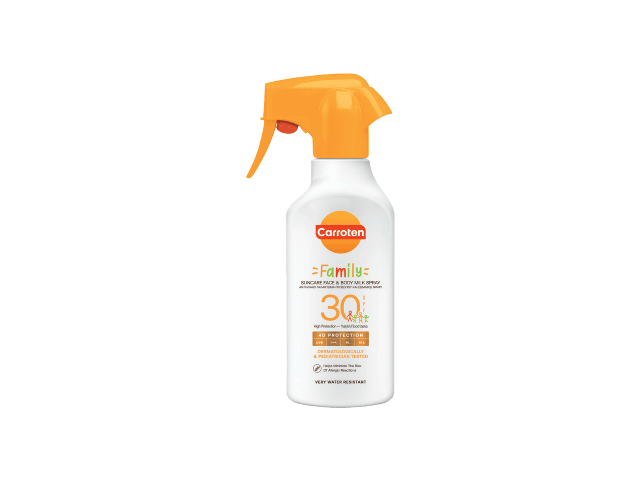 Beli sprej za zaštitu od sunca za lice i telo sa SPF 30 i narandžastim raspršivačem.