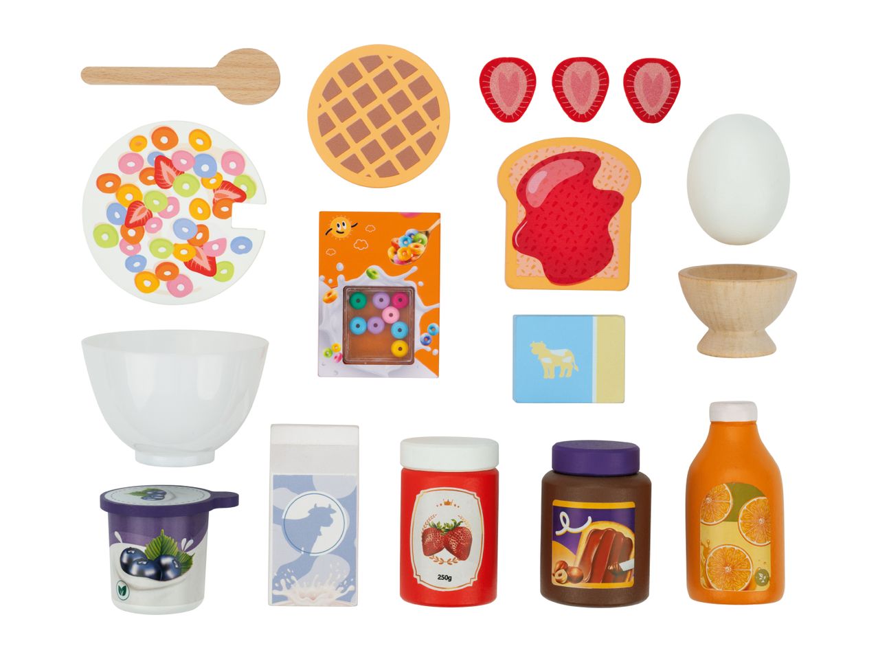 Wooden toy breakfast set with cereal, waffle, toast, egg, yogurt, milk, jam, chocolate spread, and orange juice.