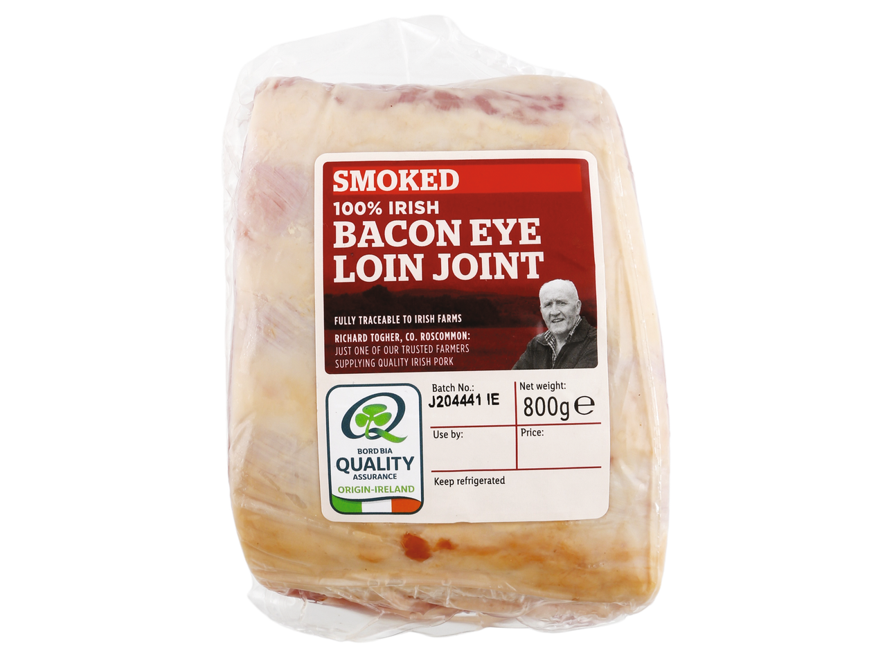 Packaged smoked 100% Irish bacon eye loin joint, 800g, with a Bord Bia Quality Assurance label.