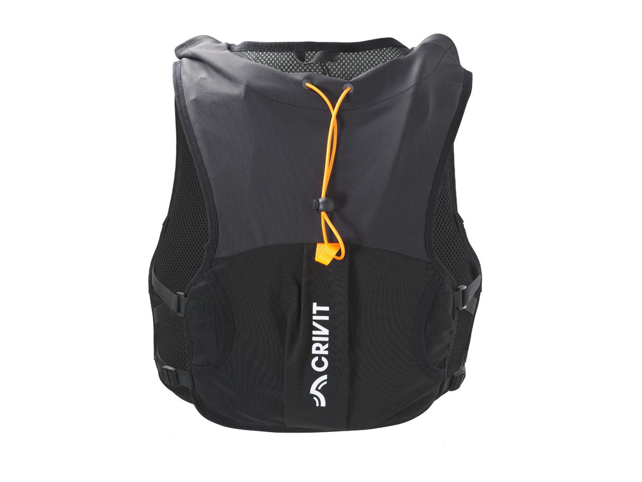 Black running vest with orange elastic cords and a white logo