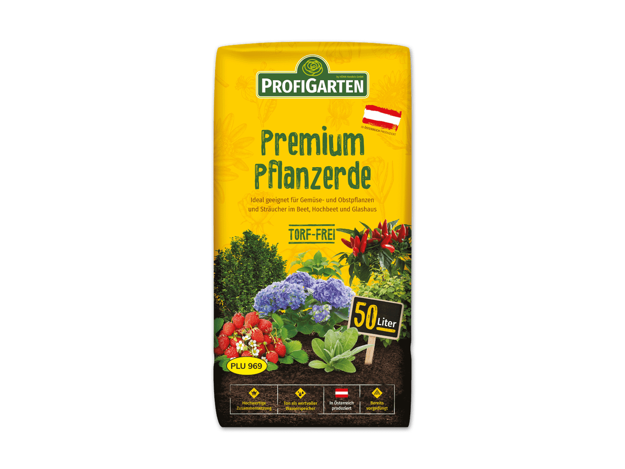 Premium Pflanzerde, torffrei, 50 Liter, ideal für Gemüse, Obst und Sträucher, in Österreich produziert.