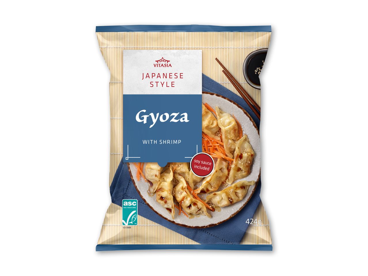 Japansk-inspirerede Gyoza med rejer og sojasauce i en pakke på 424g.