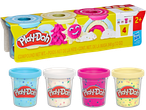 Play-Doh Confetti Compound 4-pack met blauwe, witte, roze en gele potjes.